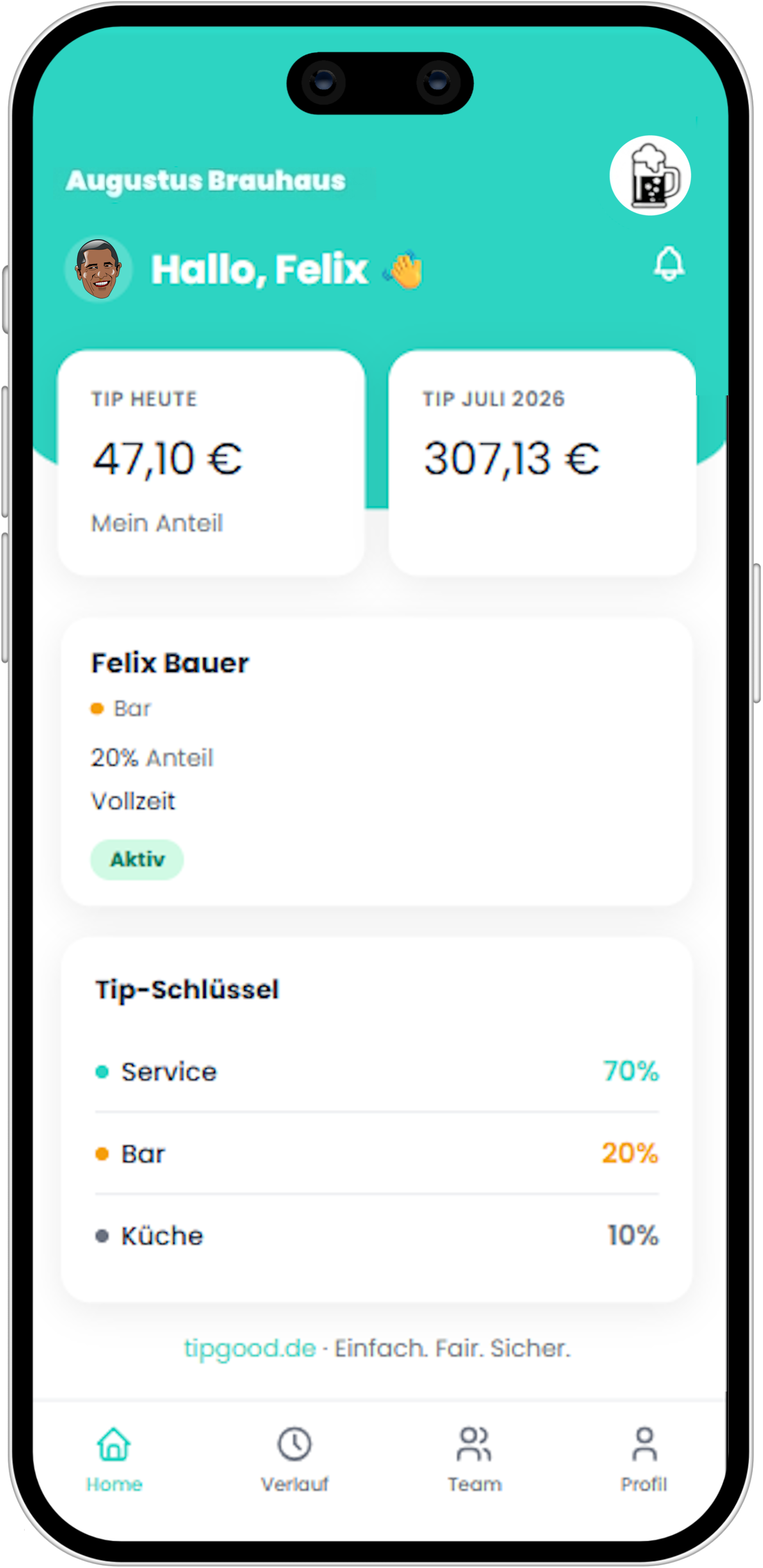 tipgood Mitarbeiter-App – digitales Trinkgeldmanagement für Gastronomie-Mitarbeiter