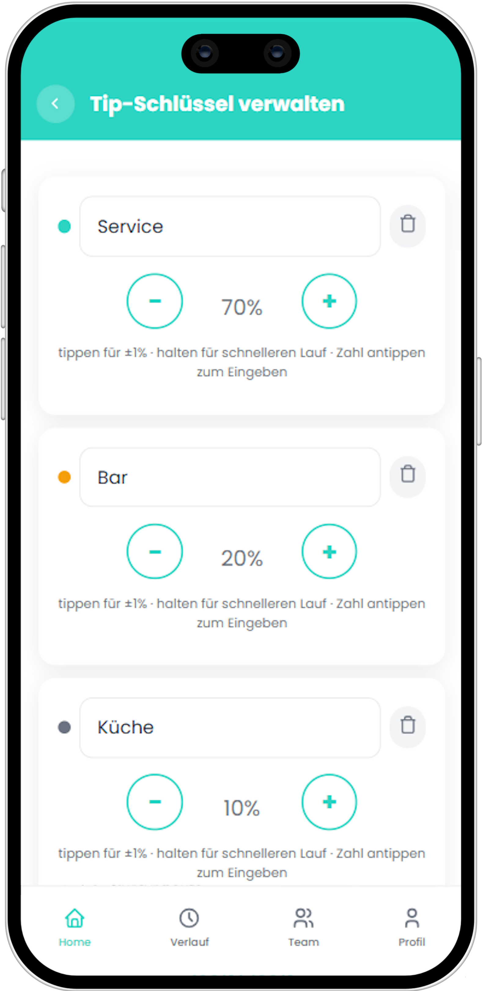 Tip-Schlüssel verwalten – Service 70%, Bar 20%, Küche 10%