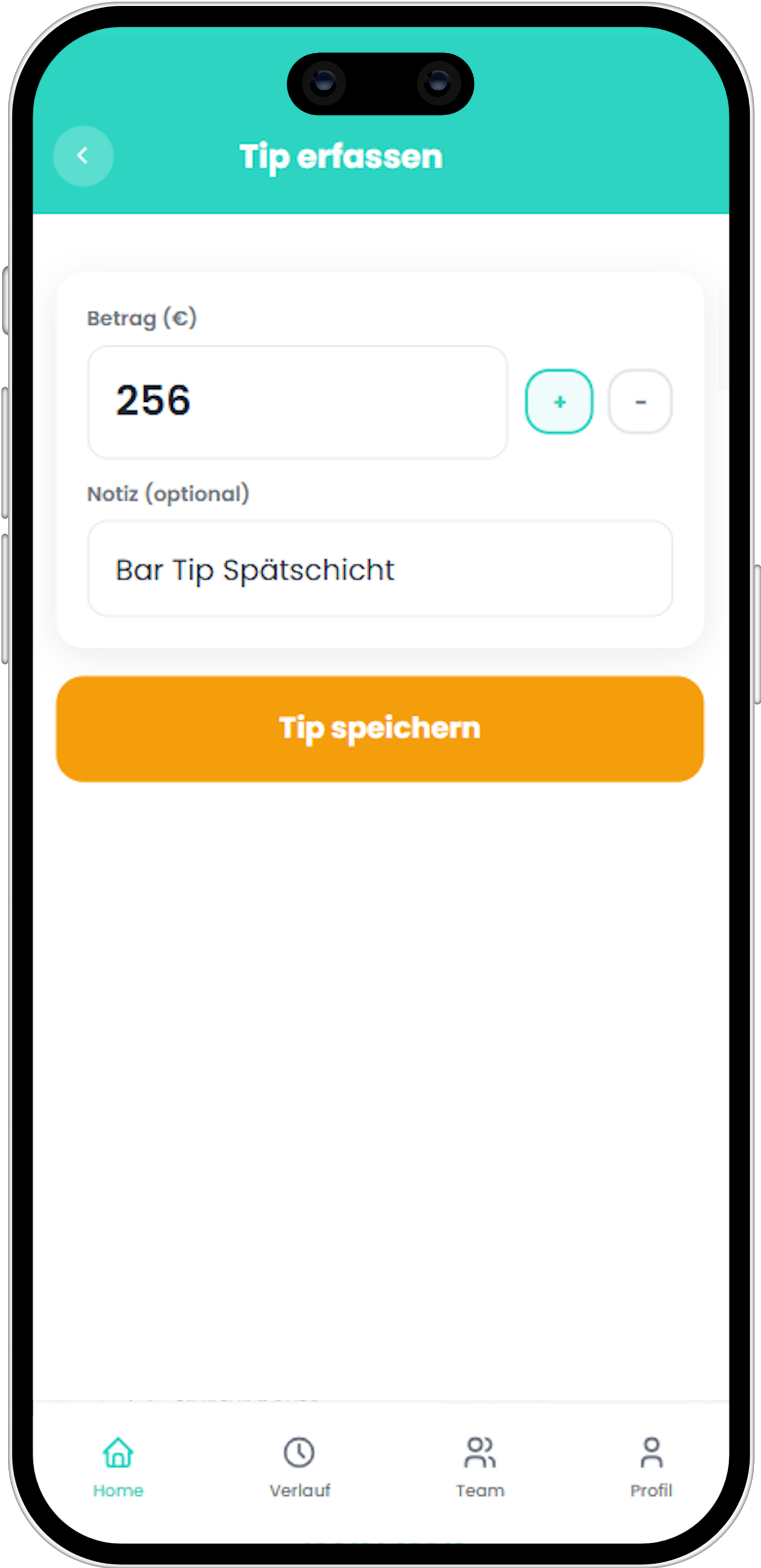 Tip erfassen – Betrag und Notiz eingeben
