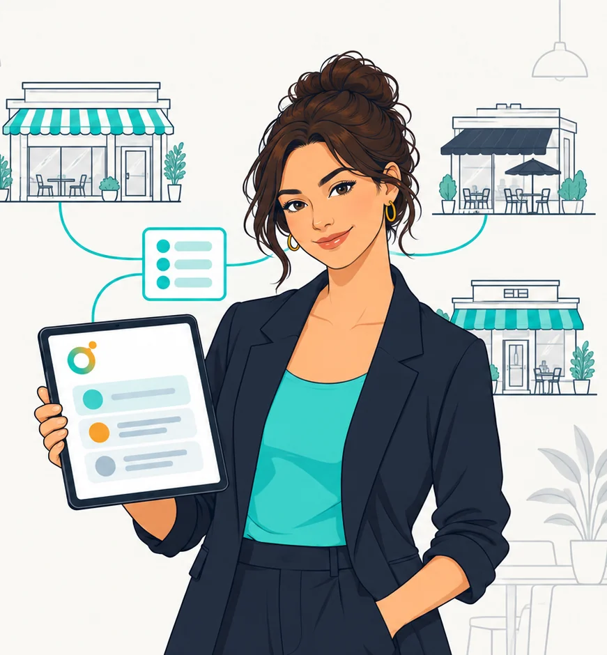 Sarah verwaltet das Trinkgeld mehrerer Restaurants mit TipGood Pro auf dem Tablet