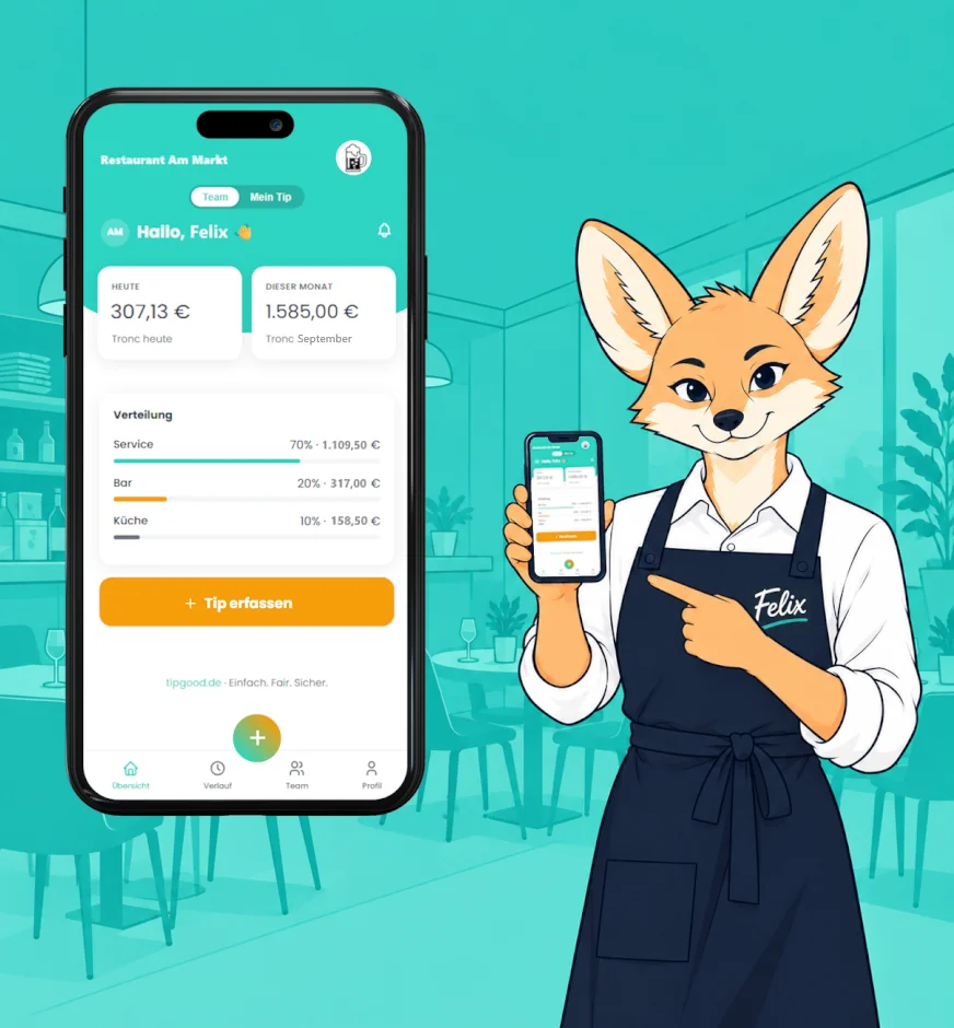 Felix, Trinkgeld-Verwalter im Restaurant, zeigt die TipGood App mit Trinkgeld-Verteilung auf Service, Bar und Küche